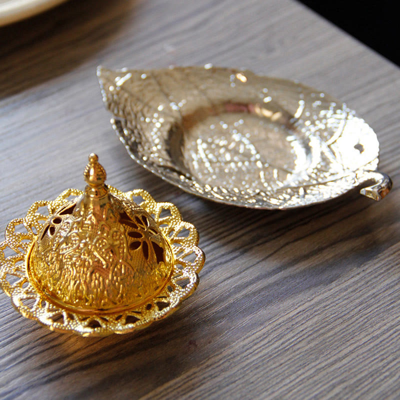Buddha Stones Tibetan Gold Mini Leaf Coaster Meditation Incense Burner Incense Burner BS 14