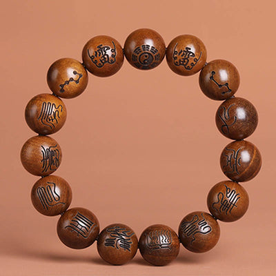 Buddha Stones Lightning Struck Jujube Wood Yin Yang Bagua Taoist Taboo Scripture Symbol Engraved Luck Bracelet Bracelet BS Taoist Scripture Symbols 15mm(Wrist Circumference 17-19cm)