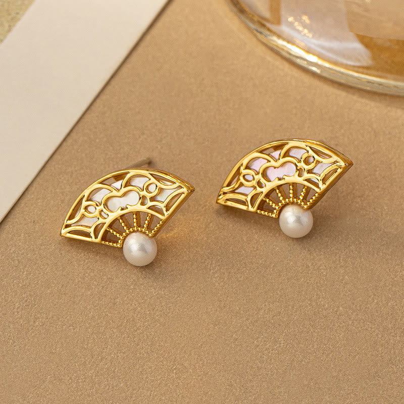 Buddha Stones 925 Sterling Silver Posts Fan Pattern Pearl Copper Wisdom Stud Drop Earrings Earrings BS 4