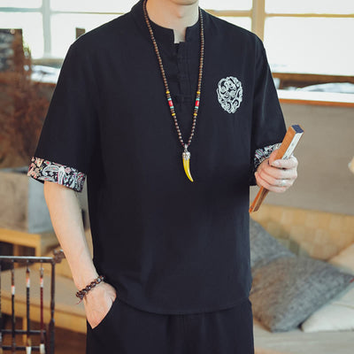 Buddha Stones Frog-Button Dragon Embroidery Chinese Tang Suit Short Sleeve Shirt Linen Men Clothing Men's Shirts BS 26