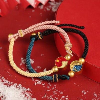 Buddha Stones Handmade Mountain and Sea Engraved Luck Two-Color String Couple Bracelet Bracelet BS main