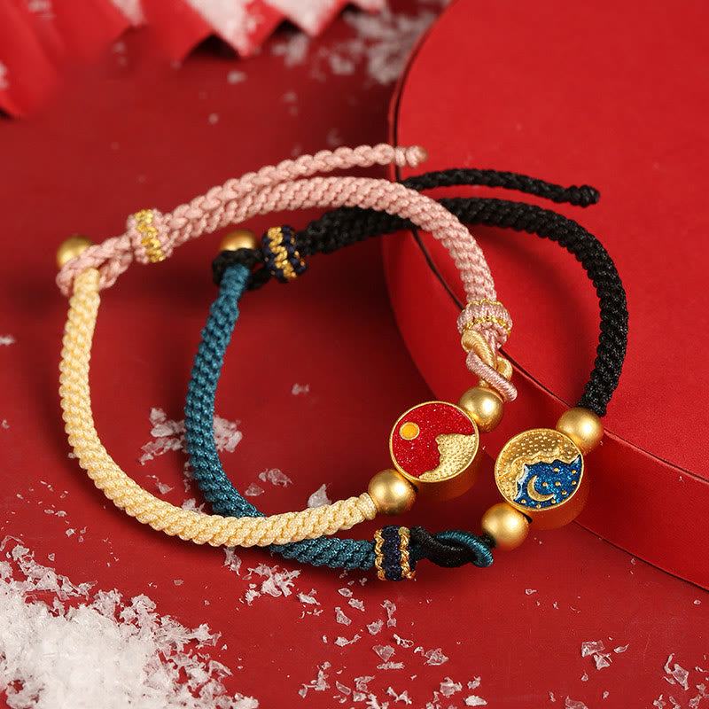 Buddha Stones Handmade Mountain and Sea Engraved Luck Two-Color String Couple Bracelet Bracelet BS main