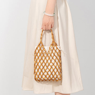 Buddha Stones Hand-woven Mesh Hollow Wooden Beads Handbag Handbags BS 8