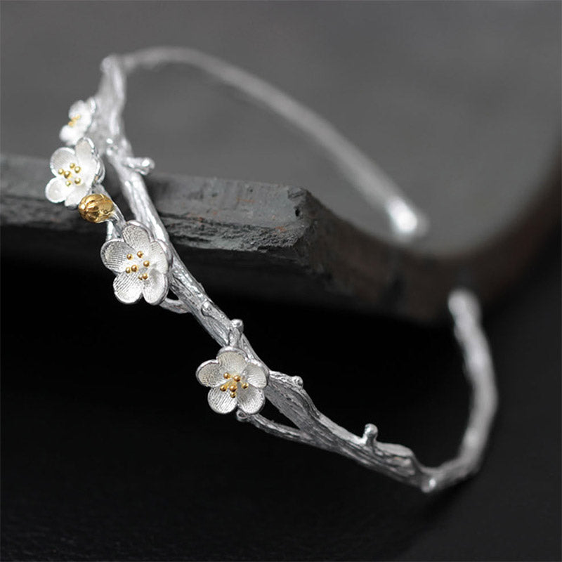 Buddha Stones 925 Sterling Silver Plum Flower Blessing Bracelet Adjustable Bangle Bracelet BS 8