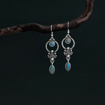 Buddha Stones 925 Sterling Silver Hook Vintage Copper Plated Silver Turquoise Waterdrop Pattern Balance Drop Dangle Earrings - image 2