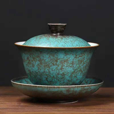 Buddha Stones Traditional Pine Tree Green Ceramic Gaiwan Sancai Teacup Kung Fu Tea Cup And Saucer With Lid Cup BS 10.4cm*9cm*100ml