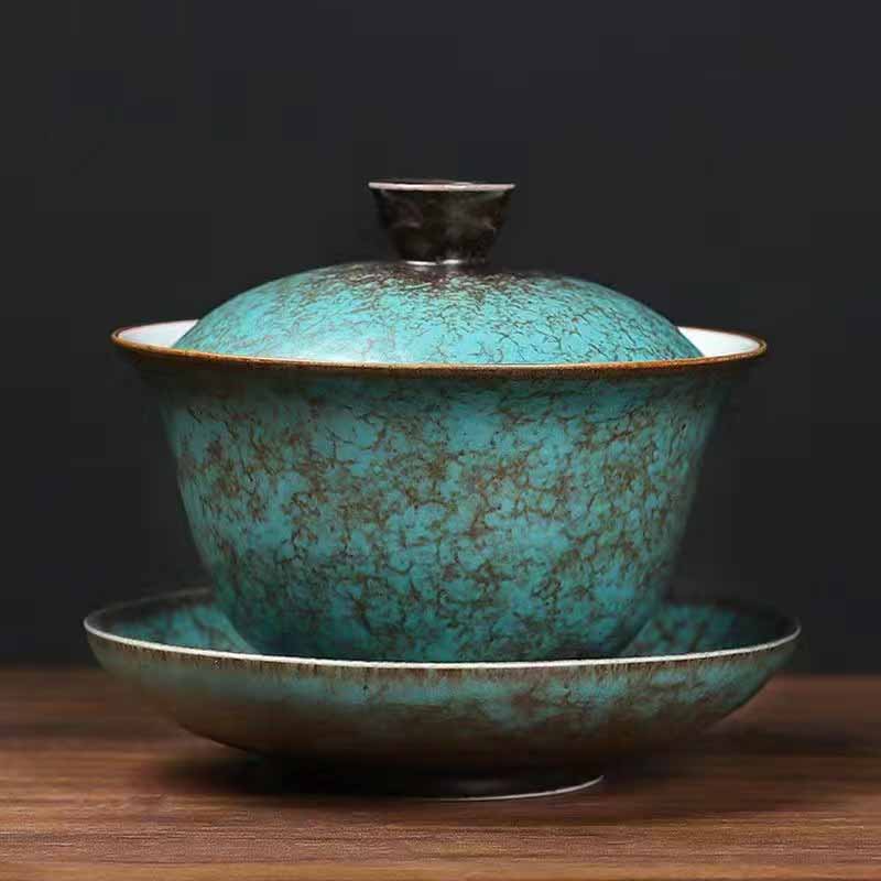 Buddha Stones Traditional Pine Tree Green Ceramic Gaiwan Sancai Teacup Kung Fu Tea Cup And Saucer With Lid Cup BS 10.4cm*9cm*100ml