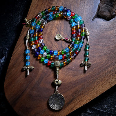 Buddha Stones Tibetan 108 Mala Beads Multicolored Liuli Glass Bead Chinese Zodiac Nine Palaces Eight Diagrams Charm Bracelet Mala Bracelet BS Liuli Glass Bead&Chinese Zodiac Nine Palaces Eight Diagrams Non-Elastic Rope