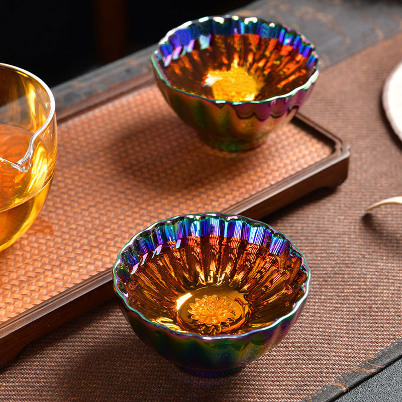 Buddha Stones Lotus Peacock Gold Inlaid Multicolored Chinese Jianzhan Ceramic Teacup Kung Fu Tea Cup Jian Zhan Tea Cup BS 6