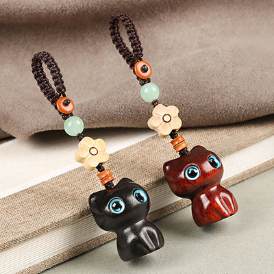 Foviel Mini Small Leaf Red Sandalwood Ebony Wood Lucky Cat Lovely Kitty Peace Key Chain Phone Hanging Decoration