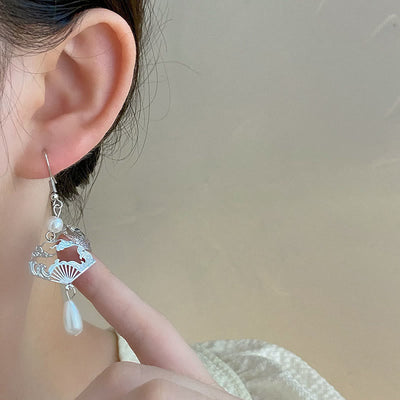 Buddha Stones Copper Fan Auspicious Clouds Pearl Healing Drop Earrings 8