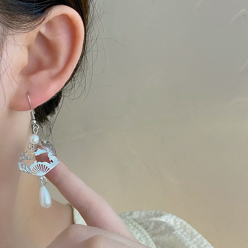 Buddha Stones Copper Fan Auspicious Clouds Pearl Healing Drop Earrings 8