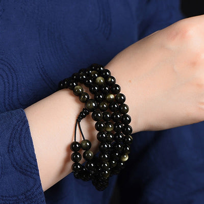 Buddha Stones 108 Mala Beads Natural Gold Sheen Obsidian Wealth Bracelet Mala Bracelet BS 6