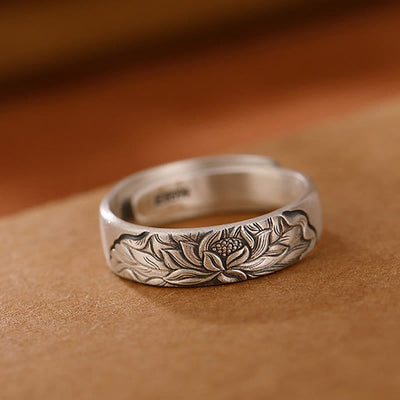 Foviel 999 Sterling Silver Lotus Flower Plum Blossom Auspicious Clouds Engraved Enlightenment Ring