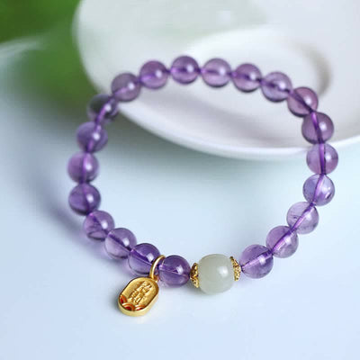 Buddha Stones Natural Amethyst Crystal Hetian Jade Healing Charm Bracelet Bracelet BS 4