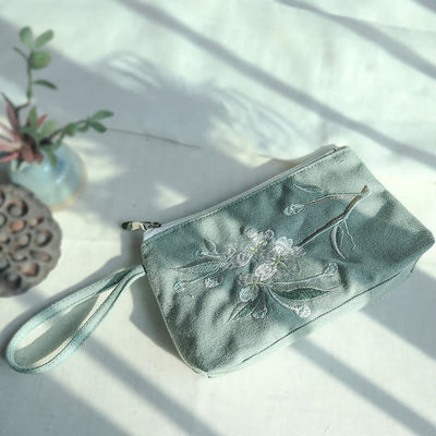 Buddha Stones Small Flower Plum Cherry Crane Peach Blossom Embroidery Canvas Wallet Shopping Purse Purse BS Green Pear 21*13cm