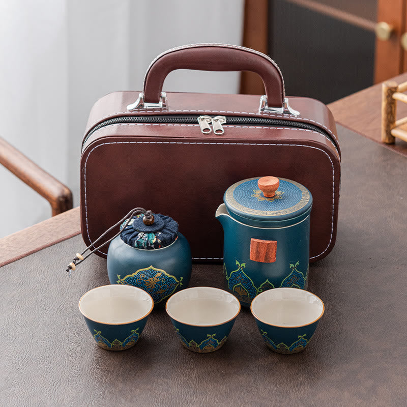 Buddha Stones Flower Chinese Gongfu Ceramic Teapot Portable Outdoor Travel Tea Set Bag Teapot BS Cyan 1 Teapot+3 Cups+1 Handbag+1 Tea Can