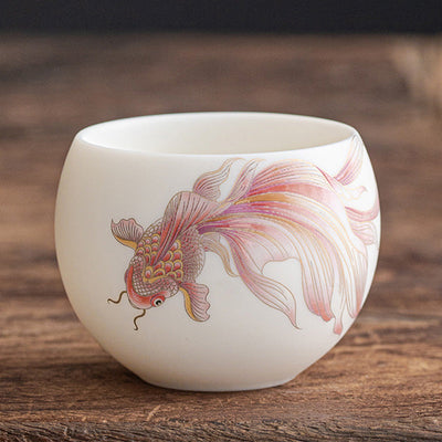 Buddha Stones Koi Fish White Porcelain Ceramic Teacup Kung Fu Tea Cup Cup BS Red Koi Fish 7.6cm*5.7cm*150ml