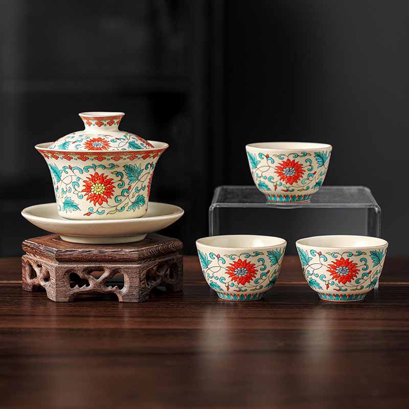 Buddha Stones A Panorama of Rivers and Mountains Flowers Ceramic Gaiwan Sancai Teacup Kung Fu Tea Cup And Saucer With Lid Cup BS 4PCS Flower(1PC 12cm*9cm*100ml&3PCS 6.5*4cm*40ml)