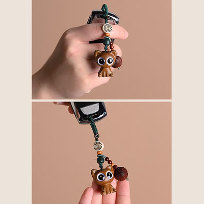 Buddha Stones Green Sandalwood Lucky Cat Koi Fish Cure Key Chain Phone Hanging Decoration Key Chain BS 25