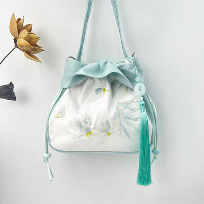 Buddha Stones Suzhou Embroidery Camellia Magnolia Peony Lotus Silk Tote Crossbody Bag Shoulder Bag Handbag Crossbody Bag BS Light Blue Magnolia 20*20*7cm