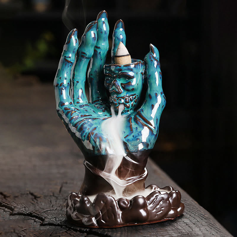 Buddha Stones Halloween Ghost Hand Skull Head Ceramic Peace Healing Incense Burner Decoration Incense Burner BS 6