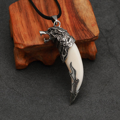 Buddha Stones Imitation Wolf Tooth Titanium Steel Balance Necklace Pendant Necklaces & Pendants BS White Imitation Wolf Tooth Leather Rope