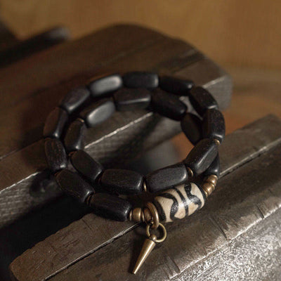 Buddha Stones Tibet Ebony Wood Dzi Bead Copper Balance Double Wrap Bracelet Bracelet BS 8