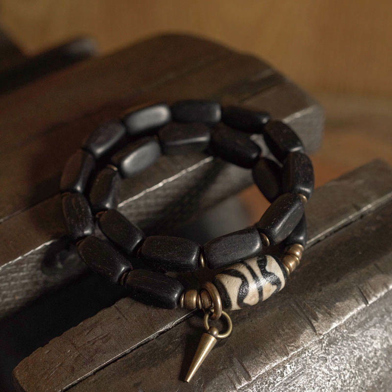 Buddha Stones Tibet Ebony Wood Dzi Bead Copper Balance Double Wrap Bracelet Bracelet BS 8