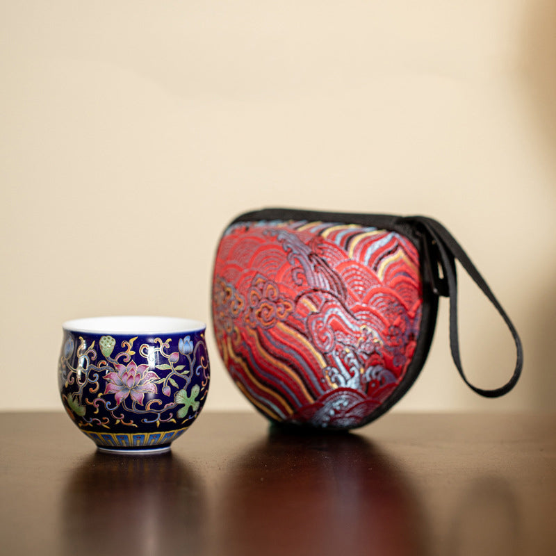 Buddha Stones Lotus Flower Pod Pattern Ceramic Teacup Kung Fu Tea Cup 80ml Cup BS Navy Blue Lotus Cup 6.3cm*4.8cm*80ml(With Bag)