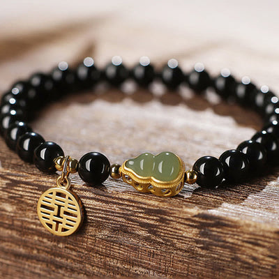 Buddha Stones Natural Black Obsidian Hetian Jade Gourd Double Happiness Strength Bracelet Bracelet BS 11