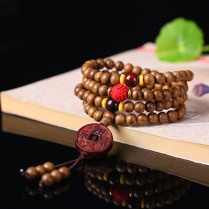 Buddha Stones 108 Mala Beads Peach Wood Bodhi Seed Lotus Prayer Meditation Bracelet Mala Bracelet BS Coin Peach Wood