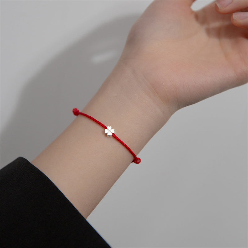 Buddha Stones 925 Sterling Silver Four Leaf Clover Red Rope Bracelet Bracelet BS 6