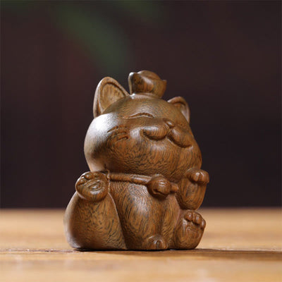 Buddha Stones Mini Green Sandalwood Ingot Lucky Cat Carved Peace Desk Decorations Decorations BS 5