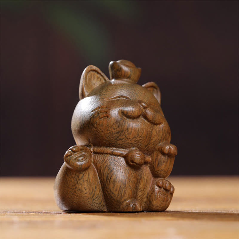 Buddha Stones Mini Green Sandalwood Ingot Lucky Cat Carved Peace Desk Decorations Decorations BS 5