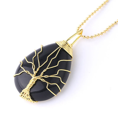 Buddha Stones Natural Quartz Crystal Tree Of Life Healing Energy Necklace Pendant Necklaces & Pendants BS Black Onyx Gold Tree