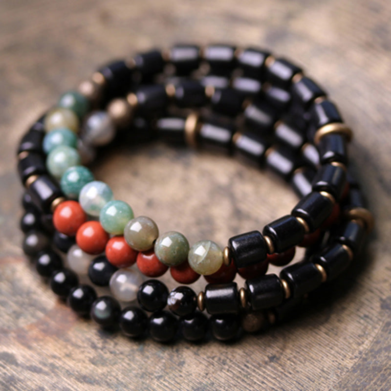Buddha Stones Ebony Wood Red Jasper Moss Agate Crystal Copper Peace Couple Bracelet Bracelet BS 2