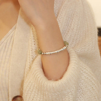 Buddha Stones 925 Sterling Silver Natural Jade Fu Character Bamboo Abundance Bracelet Bracelet BS 12