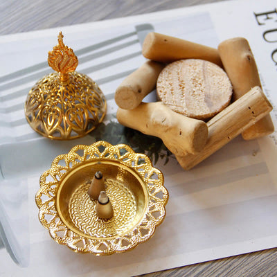 Buddha Stones Gold Alloy Healing Mini Incense Burner With Wooden Coaster Home Decor Incense Burner BS 2