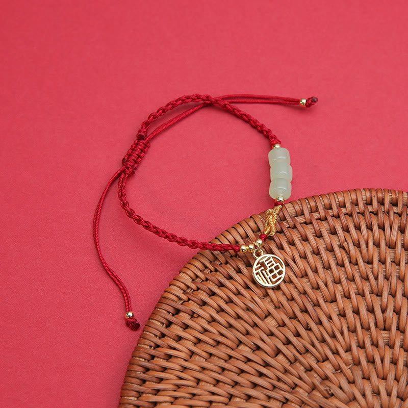 Buddha Stones Handcrafted Jade Bead Fu Character Charm Luck Red Rope Bracelet Bracelet BS 1