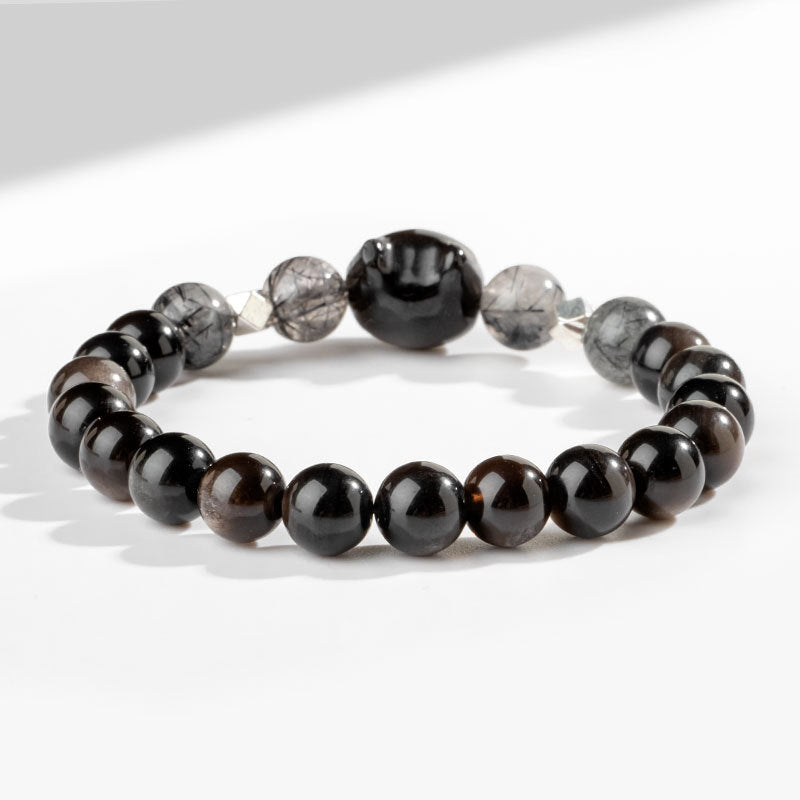 Buddha Stones Natural Silver Sheen Obsidian Cute Cat Head Protection Bracelet Bracelet BS 3