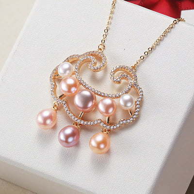 Buddha Stones 18K Gold Plated Natural Pearl Chinese Lock Charm Sincerity Necklace Pendant Necklaces & Pendants BS 2