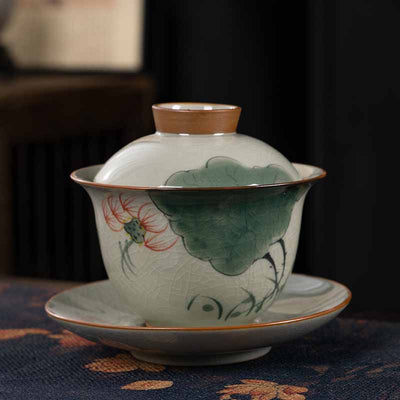 Buddha Stones Lotus Koi Fish Pod Leaf Ceramic Gaiwan Sancai Teacup Kung Fu Tea Cup And Saucer With Lid 140ml Cup BS Lotus Green Leaf 11.5cm*9.5cm*140ml
