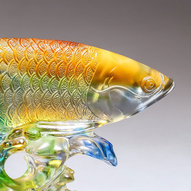 Buddha Stones Handmade Liuli Crystal Koi Fish Art Piece Luck Home Office Decoration Decorations BS 9
