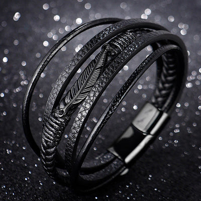 Buddha Stones Feather Pattern Multilayer Leather Titanium Steel Calm Braided Magnetic Buckle Bracelet Bracelet BS 9