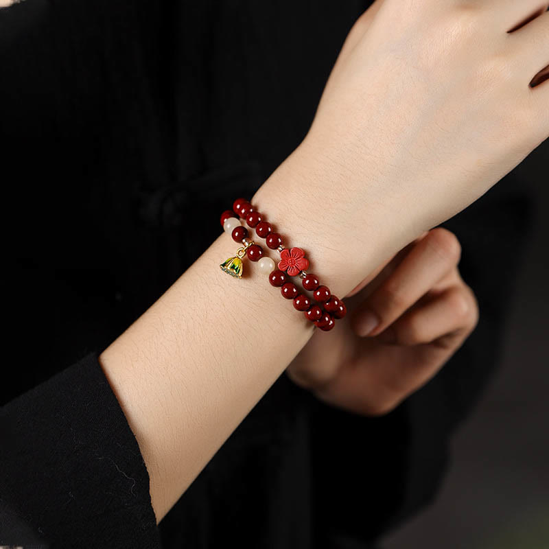 Buddha Stones Cinnabar Lotus Charm Double Wrap Blessing Bracelet Bracelet BS 4
