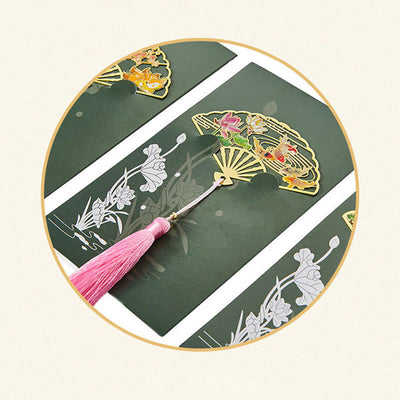 Buddha Stones Traditional Butterfly Lotus Flower Crane Dragon Phoenix Fox Koi Fish New Beginning Metal Brass Hollow Fan Bookmarks Bookmarks BS 18