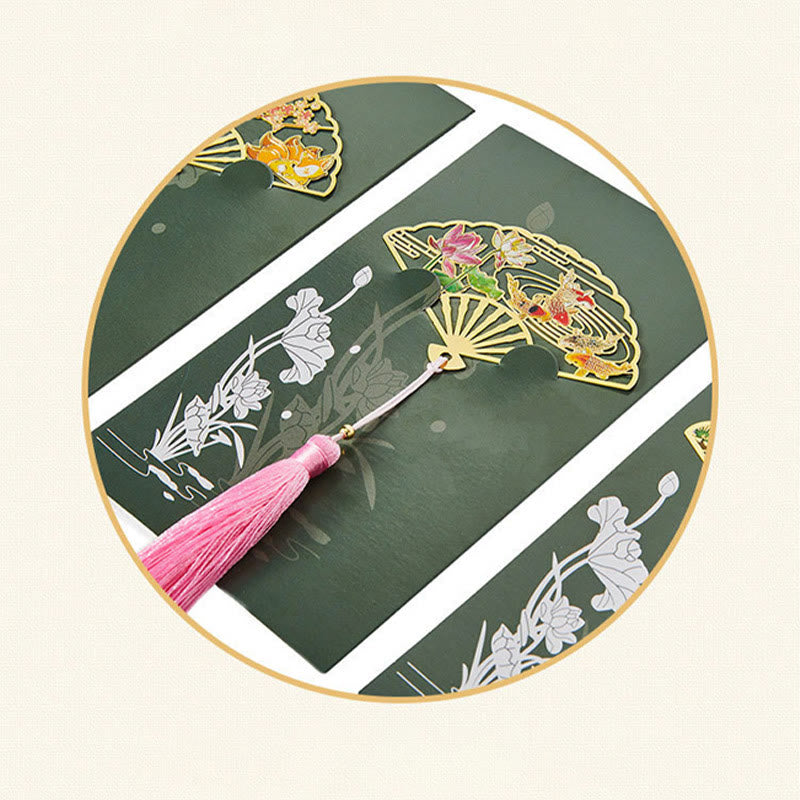 Buddha Stones Traditional Butterfly Lotus Flower Crane Dragon Phoenix Fox Koi Fish New Beginning Metal Brass Hollow Fan Bookmarks Bookmarks BS 18