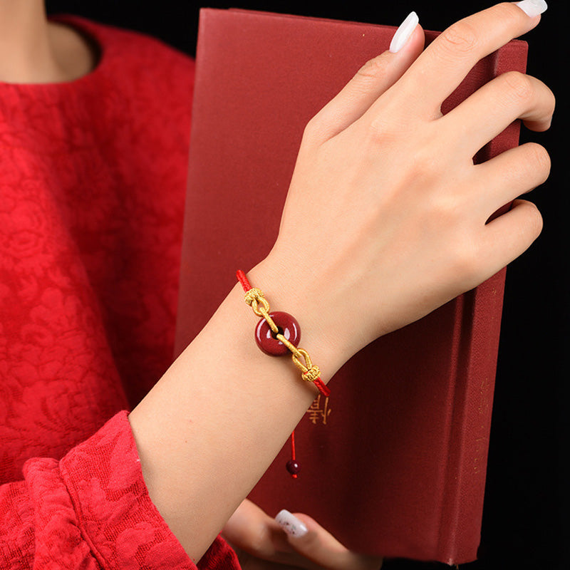 Buddha Stones Handmade Cinnabar Peace Buckle Blessing Braided Rope Bracelet Bracelet BS 7