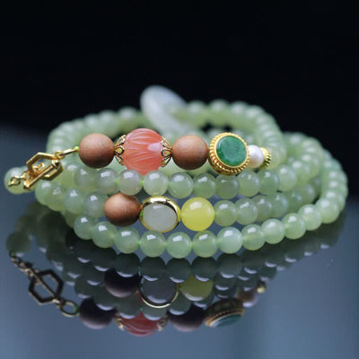 Buddha Stones Natural Hetian Jade Amber Lotus Red Agate Luck Abundance Bracelet Bracelet BS 2